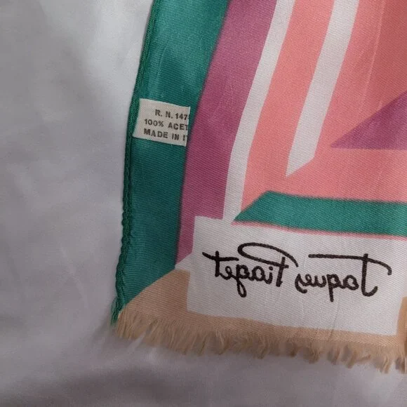 vintage green pink cream jacques piaget neck scarf 13" x 67" striped fringe - Picture 5 of 6